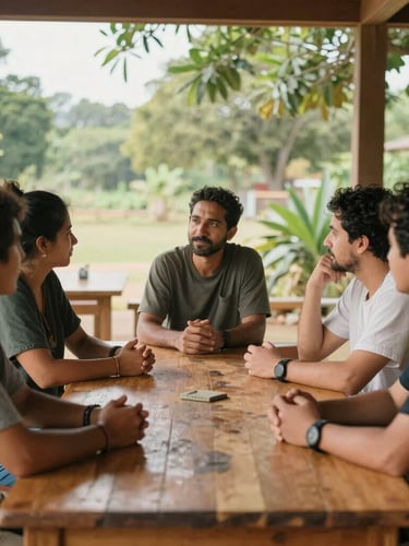 A warm, natural environmental portrait of community leaders collaborating around a wooden table in a sunlit regional workshop, 35mm lens, diffused daylight.