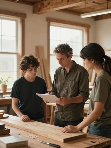 Warm environmental photograph of a local mentor guiding an apprentice in a bright, wood-filled workshop, soft natural daylight filtering through large windows, 35mm lens.