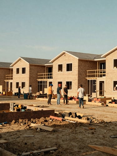 Wide environmental shot of a community-led affordable housing construction site, local builders collaborating in warm afternoon sun, 35mm lens.