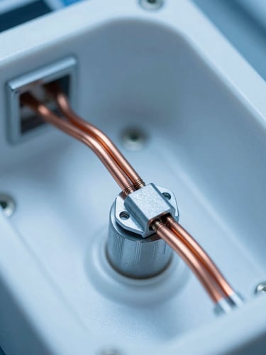 Macro close-up of dilution refrigerator internal copper wiring, cool blue and stark white lighting, high-contrast technical details, 50mm, with soft focus on the background.