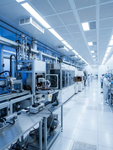 Wide-angle architectural shot of a cleanroom with silicon wafers, cool blue and stark white lighting, high-contrast technical details, 50mm, expansive negative space to the right.
