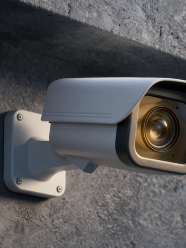 A close-up macro shot of advanced security camera integration on a sleek modern concrete wall, dramatic side-lighting, deep navy shadows, gold reflection on glass lens, 35mm