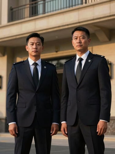 A medium environmental portrait of two professional security specialists in tailored suits standing outside a modern, high-security estate, low-key dramatic lighting, sharp focus, 35mm.