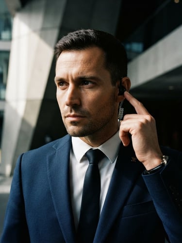 A sharp, close-up editorial shot of a security professional in a tailored dark suit adjusting a discreet earpiece, standing against clean, modern architectural lines under dramatic side-lighting, 35mm.