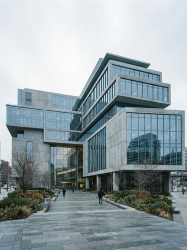 Wide architectural framing of a modern concrete and glass corporate headquarters in Toronto, cool bright overcast daylight, desaturated blues and greys, 35mm