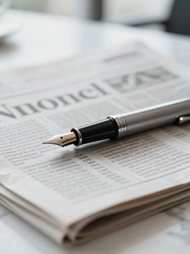 Tight macro detail of a fountain pen resting on an international financial newspaper, clean marble desk setup, high-key natural office light, desaturated tones, 35mm