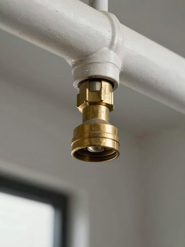 Close-up of a brass sprinkler head mounted on a white ceiling pipe, available light from a nearby window casting a soft shadow, shallow depth of field, industrial building interior visible in background