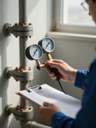 Close-up medium shot of a technician's hands holding a pressure gauge and clipboard, inspecting a fire sprinkler riser in a utility room, natural light from a high window casting sharp shadows on industrial pipe fittings