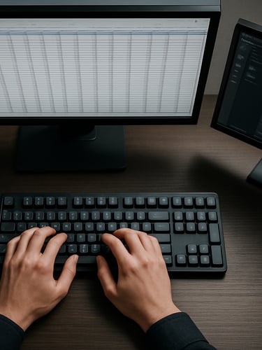 Tight overhead view of a workstation — hands on a mechanical keyboard, a spreadsheet with financial rows visible on a bright monitor, a second screen showing a workflow dashboard, sharp overhead office light, no faces, high contrast
