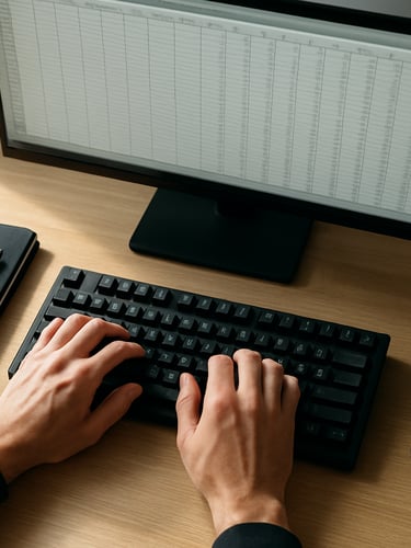 Close overhead view of a workstation, hands on a mechanical keyboard with a spreadsheet open on a wide monitor, bright side-window light illuminating the desk surface, sharp focus on the work in progress, no person visible above the wrists