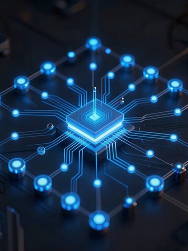 Moody dark-mode tech rendering of a complex system-architecture diagram, glowing electric blue nodes, fine lines, sharp focus, 35mm lens