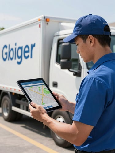 A contractor in a branded service truck looking at a tablet showing a clean local map search result under bright daylight.