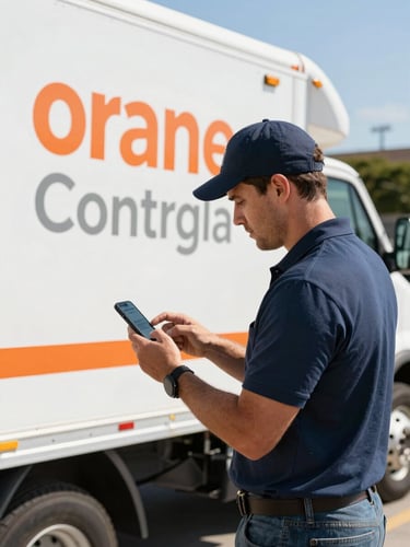 A contractor in a branded service truck checking a customer lead notification on a smartphone, bright natural daylight, Orange County background.