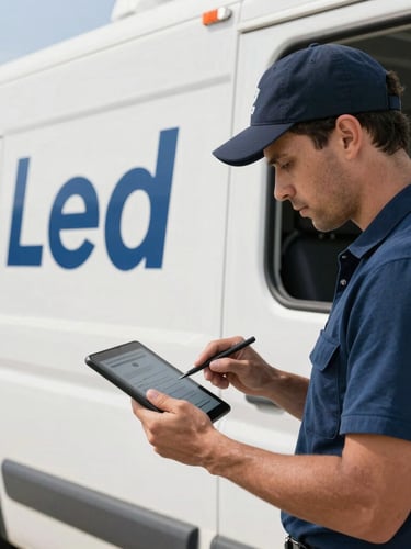 A hands-on contractor in Anaheim checking lead notifications on a tablet inside a branded service truck, bright daylight, clean composition.