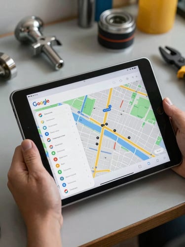 Hands holding a tablet showing a clean Google Map listing next to plumbing tools on an organized workbench.