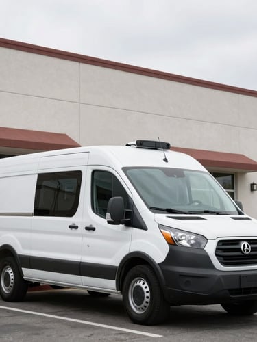 An HVAC service van parked outside a commercial building in Anaheim, bright overcast daylight, clean composition.