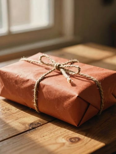 Warm editorial photography of a hand-wrapped parcel in terracotta paper tied with jute twine, golden-hour window light casting soft shadows on a rustic wooden table, 35mm film style.