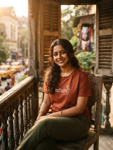 A candid medium-close portrait of a young Bengali woman wearing a terracotta graphic t-shirt, sitting on an old wooden-shuttered balcony, golden-hour window light, warm tones, 35mm film style.
