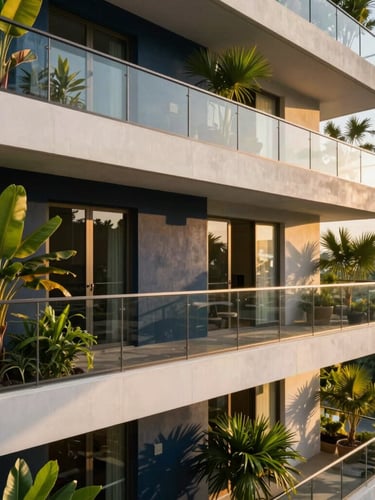 Modern luxury residential balcony in Singapore with lush tropical plants, clean architectural concrete, golden sunlight casting long shadows