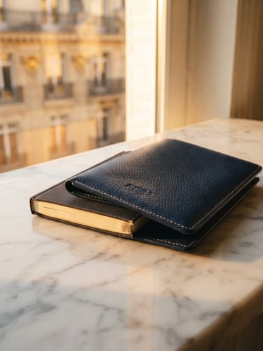 Close-up of a high-end leather passport holder resting on a marble desk next to a physical guide, warm golden hour light reflecting on glass, editorial photography, 35mm