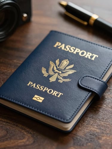Macro detail shot of a luxury leather passport holder and high-end stationery on a dark wood desk, soft side lighting