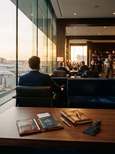 Wide environmental shot of an elegant airport lounge at golden hour, warm light reflecting on glass facades, leather travel documents on a wooden table, 35mm, editorial style