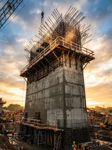 Low-angle heroic shot of a massive concrete bridge pier under construction, dramatic morning sunlight hitting the raw steel reinforcement bars, high-contrast industrial documentary style