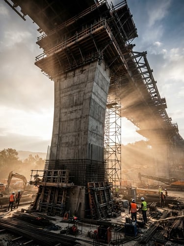 Wide-angle low-angle heroic shot of a massive concrete bridge pier under construction, dramatic morning dust-lit job site, high-contrast steel and concrete tones