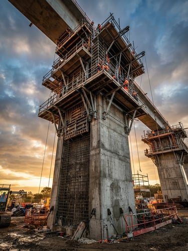 Low-angle heroic shot of a massive concrete bridge pier under construction, dramatic morning sunlight, high-contrast steel and concrete tones, sharp details