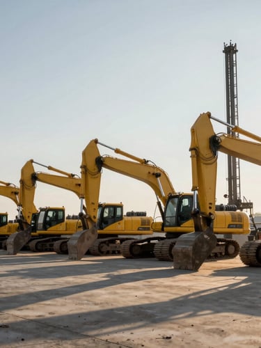 Wide-angle industrial documentary shot of a row of heavy yellow excavators and piling rigs lined up at dawn, dramatic morning sunlight casting long shadows on concrete.