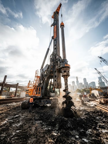 Low-angle heroic shot of a massive hydraulic piling rig drilling into dark soil, high-contrast morning sunlight, safety orange accents on steel frame.
