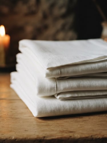 Portrait of meticulously folded, clean white linen on a warm sand-toned surface, soft low-key candlelight, shallow depth of field, moody editorial photography.