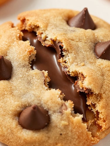 Extreme macro shot of a warm giant chocolate chip cookie being pulled apart, gooey melted chocolate, soft side daylight, rich golden tones