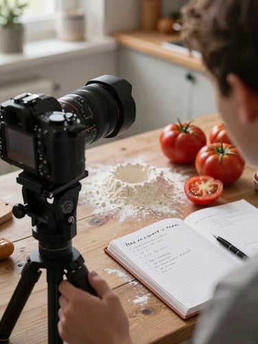 Over-the-shoulder shot of a camera setup on a rustic kitchen counter, soft diffused Scandinavian daylight illuminating fresh heirloom tomatoes, flour dusting, and a handwritten recipe book.