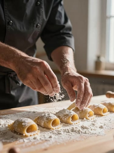 A close-up of a chef's hands dusting flour over freshly rolled pasta on a wooden table, soft morning Scandinavian daylight streaming from a side window.