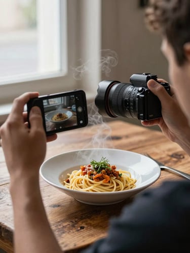 Over-the-shoulder shot of a photographer framing a steaming bowl of handmade pasta on a rustic wood table, soft natural Scandinavian daylight from a side window.