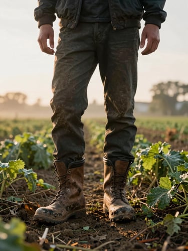 A photographer wearing muddy boots standing in an open organic farm field at sunrise, capturing morning harvest details under soft overcast light.