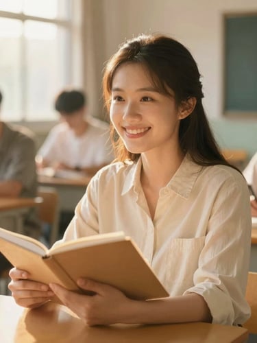 A local woman smiling warmly in a sunlit outdoor classroom, holding a notebook, warm golden-hour sunlight, shallow depth of field, 35mm