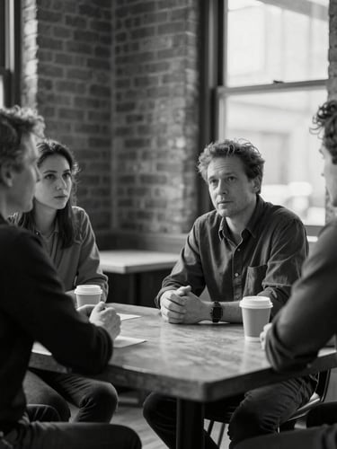 Documentary-style monochrome photograph of three professionals in deep conversation around a concrete table in a King West brick-and-beam space, soft natural window light, shallow depth of field.