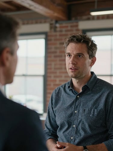Documentary-style tight shot of two professionals in deep conversation in a brick-and-beam King West office, soft natural light, shallow depth of field.