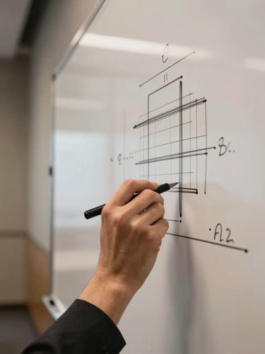 Close-up of hands sketching a structural diagram on a whiteboard in a sleek Financial District boardroom, warm low-key lighting.