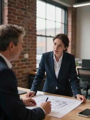 Tight documentary-style shot of two business operators in deep conversation over architectural plans in a brick-and-beam King West office, natural overcast window light, shallow depth of field.