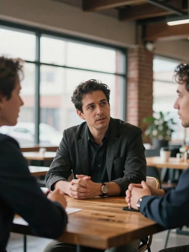 A high-focus, documentary-style shot of three professionals in deep conversation around a wooden table in a brick-and-beam King West space, soft natural overcast light, shallow depth of field.