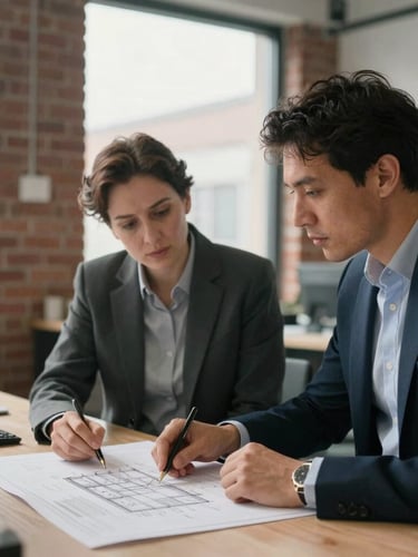 Documentary-style tight shot of two business partners in a brick-and-beam King West office, reviewing a structural diagram on a table, natural overcast light, shallow depth of field.