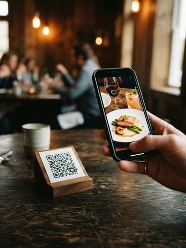 Close-up of a hand holding a smartphone scanning a clean QR code on a dark oak restaurant table, screen displaying a beautiful digital menu with rich food photography, warm ambient lighting, 35mm film style.