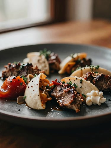 Close-up of a beautifully plated Mediterranean dish on a dark ceramic plate, warm side lighting, rich textures
