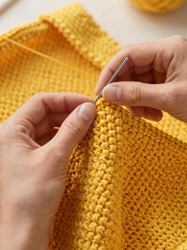 Hands of a craftswoman tightly crocheting a vibrant mustard yellow bag with a thick metal needle, warm natural light illuminating the intricate stitches