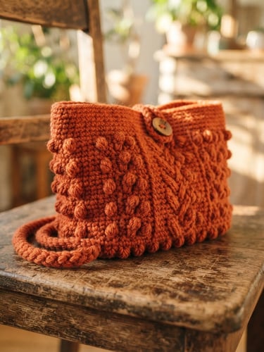 Close-up of a vibrant terracotta crocheted handbag resting on a rustic wooden chair in soft, warm afternoon sunlight, detailed yarn texture visible