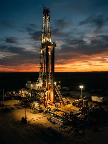 Dramatic wide-angle shot of a modern onshore drilling rig at twilight, golden-hour flares, deep shadows, cinematic industrial photography, 35mm film