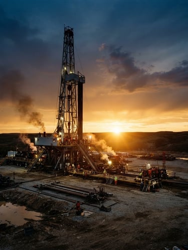 Cinematic wide-angle shot of a modern onshore drilling rig at twilight, golden-hour flares, deep shadows, high-contrast black and gold tones, sharp focus, 35mm film.
